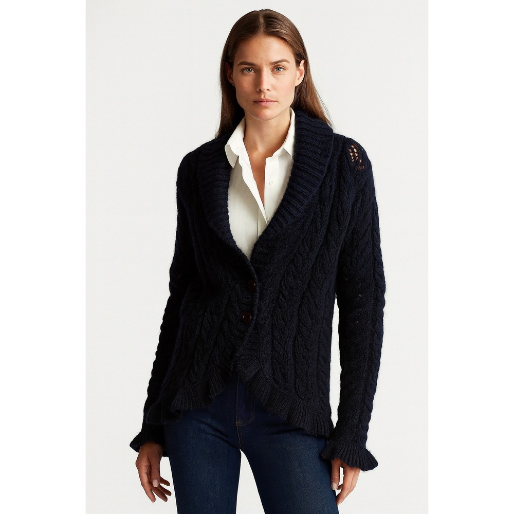 Lauren Ralph Lauren Cardigan 90s Black Crochet Open Knit Chunky Collared  Size L